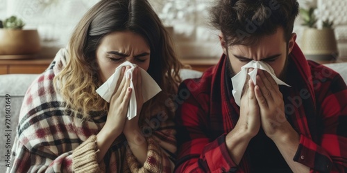 young couple wiping their noses for a cold Generative AI