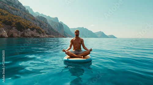 Beautiful fitted man float and doing yoga on sup board at the blue sea