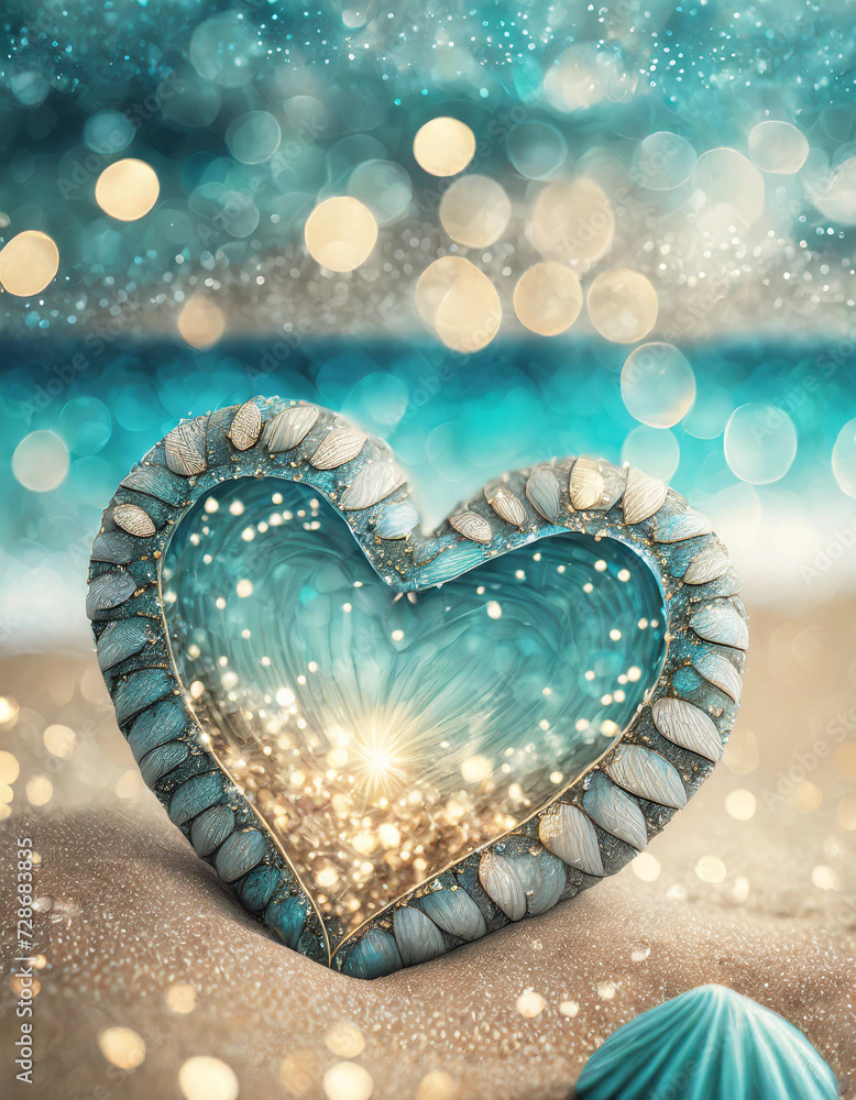 Rustic blue heart on beach, Wedding, Anniversary, Twine and shell heart on beach