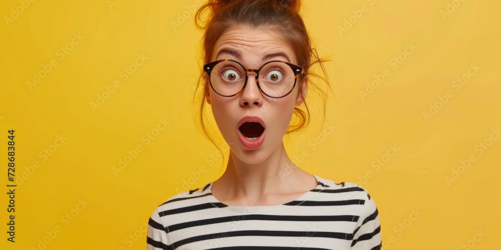 Fototapeta premium surprised young woman with glasses opened her mouth yellow background Generative AI