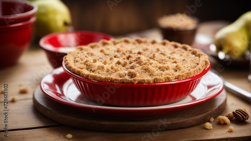 Divine Dessert Harmony: Close-up of a Portion of Pear Crumble Pie in a Plate