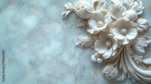 Background in neoclassicism, baroque style, marble wall, framed with white flowers, generated AI photo