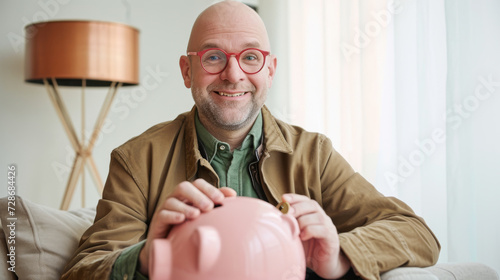 cheerful middle-aged man with glasses, inserting a coin into a pink piggy bank, symbolizing savings or investment, in a cozy home setting