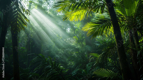 The mysterious veil of morning. sunlight pierces the mist-shrouded rainforest canopy