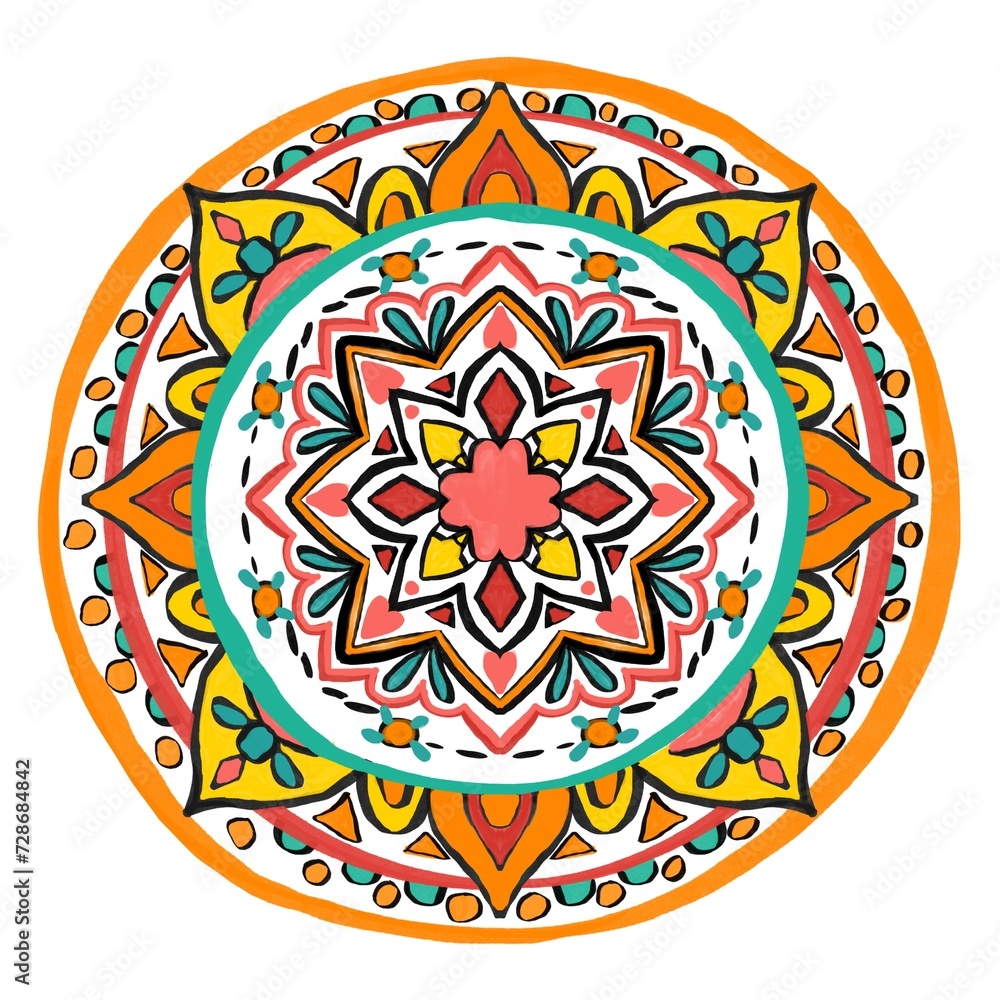 Floral pattern, botanical theme, colorful mandala, hand drawn design, for decoration, home decor, ceramic, fabric, tile.