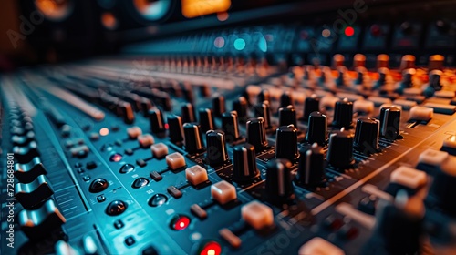 close up sound studio scene. Audio mixing console in a streaming, live broadcast, or recording session photo