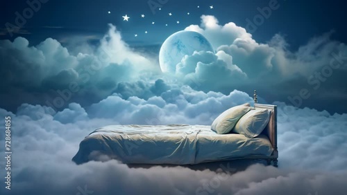 Large double bed with headboard, pillows, and sheets, surrounded by clouds at night with a full moon in the background. Animation with symbol of dreams, imagination, and creativity photo