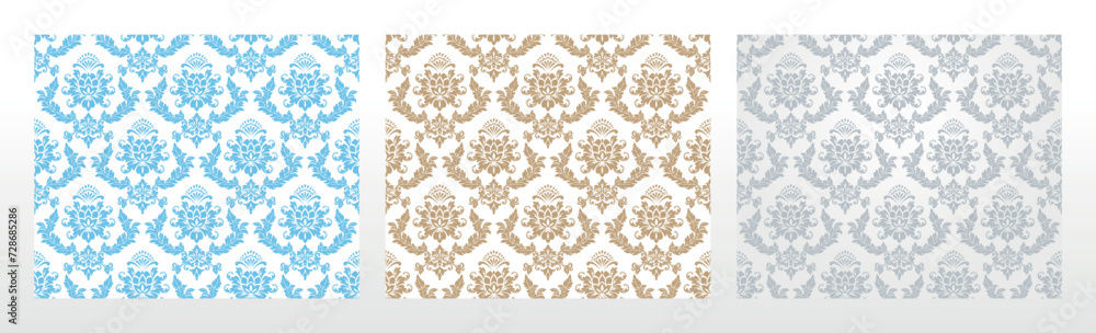 Wallpapers in the style of Baroque. Seamless vector backgrounds. Set of colored floral ornaments. Graphic patterns for fabric, wallpaper, packaging. Ornate Damask flower ornaments Wallpapers in the style of Baroque. Seamless vector backgrounds. Set of colored floral ornaments. Graphic patterns for fabric, wallpaper, packaging. Ornate Damask flower ornaments