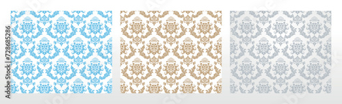 Wallpapers in the style of Baroque. Seamless vector backgrounds. Set of colored floral ornaments. Graphic patterns for fabric, wallpaper, packaging. Ornate Damask flower ornaments