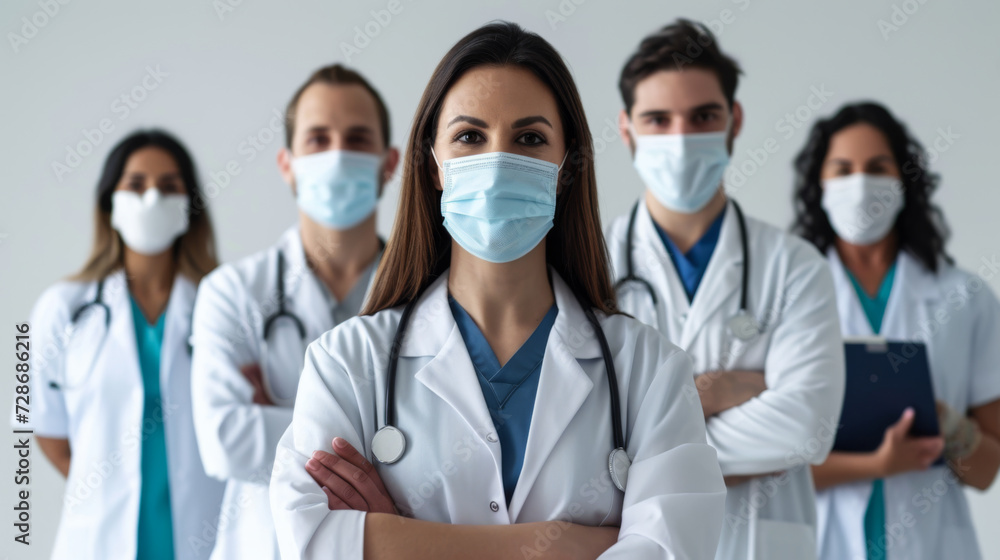 group of healthcare professionals in scrubs and protective masks are standing confidently group of healthcare professionals in scrubs and protective masks are standing confidently