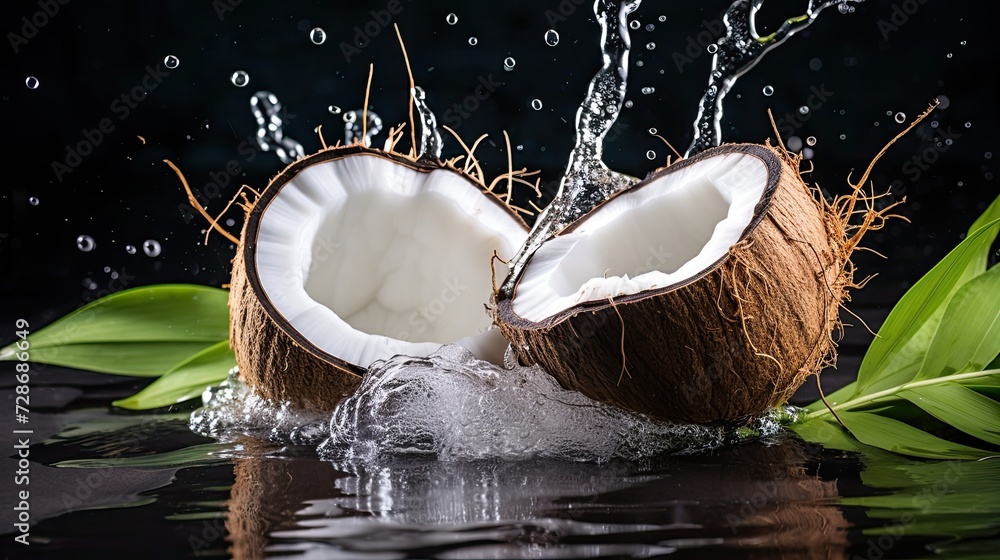 coconuts with water splash and leaves. Fresh coconut. Banner, label, advertisement coconuts with water splash and leaves. Fresh coconut. Banner, label, advertisement