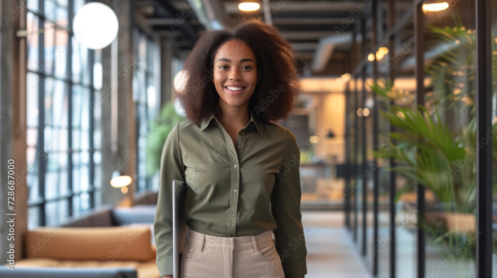 smiling businesswoman standing in a modern office setting. smiling businesswoman standing in a modern office setting.