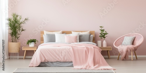 Pink bed  cushions  plant on stool in cozy  feminine bedroom. Furniture fits in real photo.