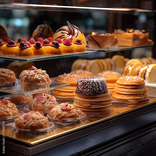Sweet pastries with berries. Showcase in a candy store. Glass stand with cake eclairs and tartlets. refrigerator shelves with sweets. Confectioner's work space