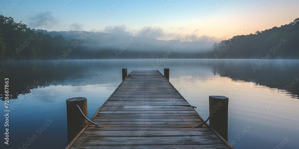 Empty wooden dock reaching into the water - obrazy, fototapety, plakaty 