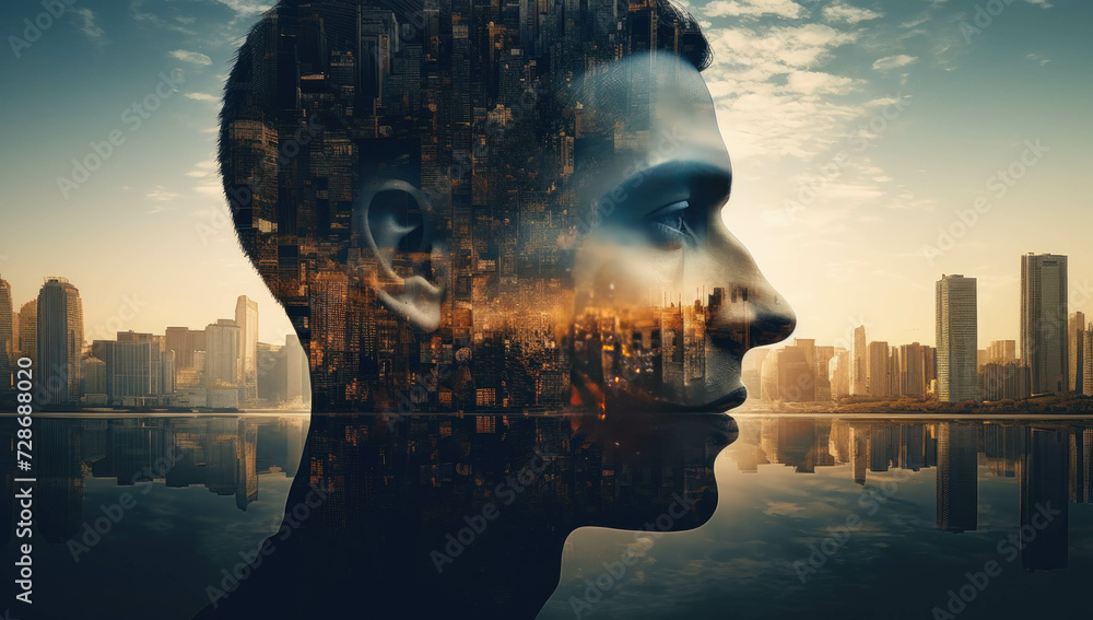 Double exposure of the businessman is superimposed over a cityscape, with water and a sunrise in the background Double exposure of the businessman is superimposed over a cityscape, with water and a sunrise in the background