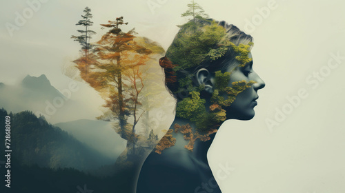 Double exposure of nature a mountain forest and a woman's face with clouds and mountains reflecting in her eyes and hair.Concept of environment and human interaction #728688019