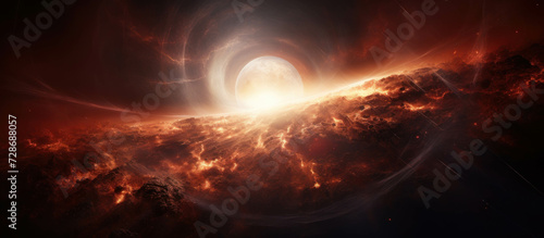 Exploding planets in the universe with fire and smoke engulfs a planet in the background. The sky is dark red and filled with stars.