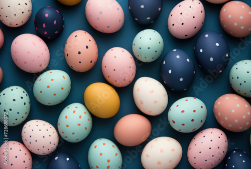 Colorful Easter eggs background. Easter eggs are painted in pastel colors with polka dots.
