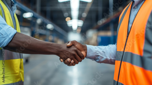two people are engaged in a handshake, one wearing a safety vest and the other in a blue shirt