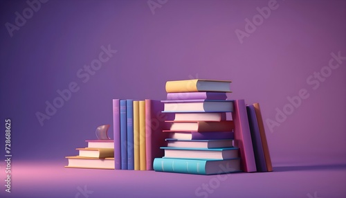 3D image of a stack of books on a purple background. education and science