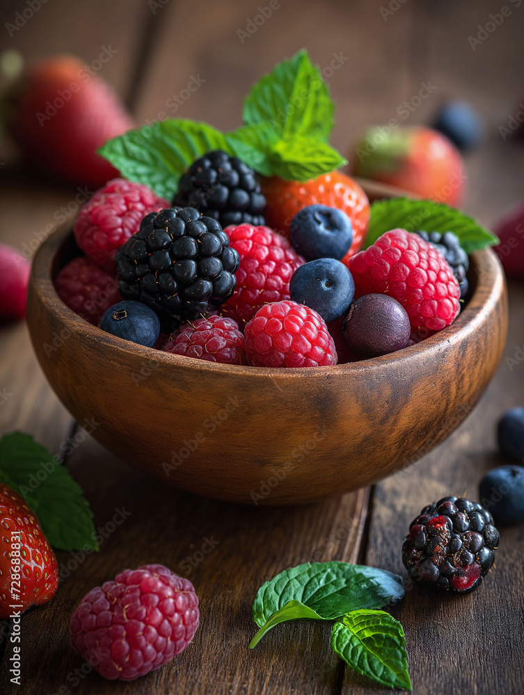 Rustic Abundance: Mixed Berries in Wooden Bowl on Weathered Table Rustic Abundance: Mixed Berries in Wooden Bowl on Weathered Table