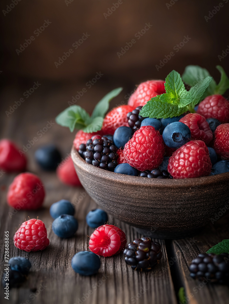 Rustic Abundance: Mixed Berries in Wooden Bowl on Weathered Table Rustic Abundance: Mixed Berries in Wooden Bowl on Weathered Table