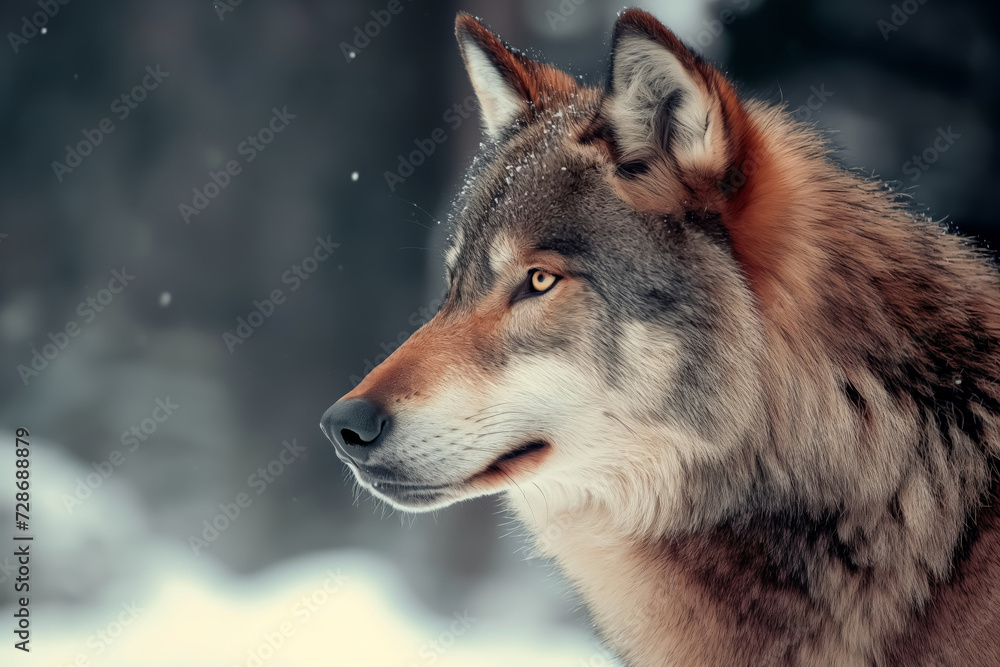 Fototapeta premium A wolf in profile with snowflakes on its fur, showcasing its thick coat and alert gaze.