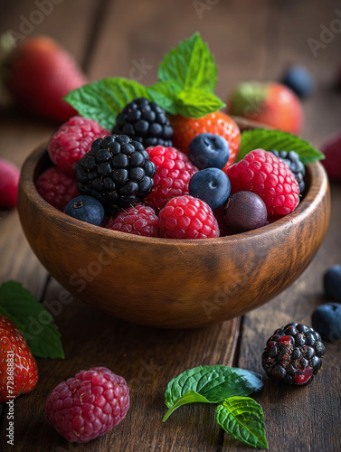 Rustic Abundance  Mixed Berries in Wooden Bowl on Weathered Table