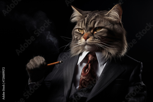 Elegant fluffy furry grey striped cat in formal suit white shirt and tie holding cigar on black background. Business corporate concept