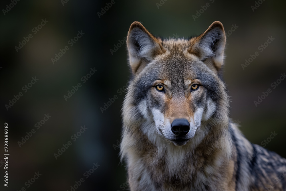Portrait of a wolf with a focused stare and detailed fur pattern, set against a soft background.