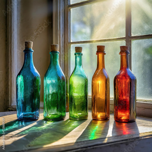 Vintage Flaschen in Sonnenlicht auf Fensterbank photo