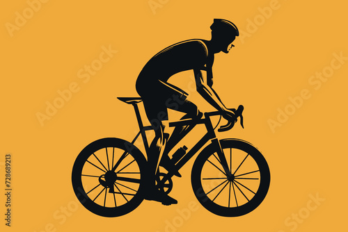 Cyclist. A man rides a bicycle on the highway. Black stencil isolated illustration on a yellow background. Icon, logo, emblem