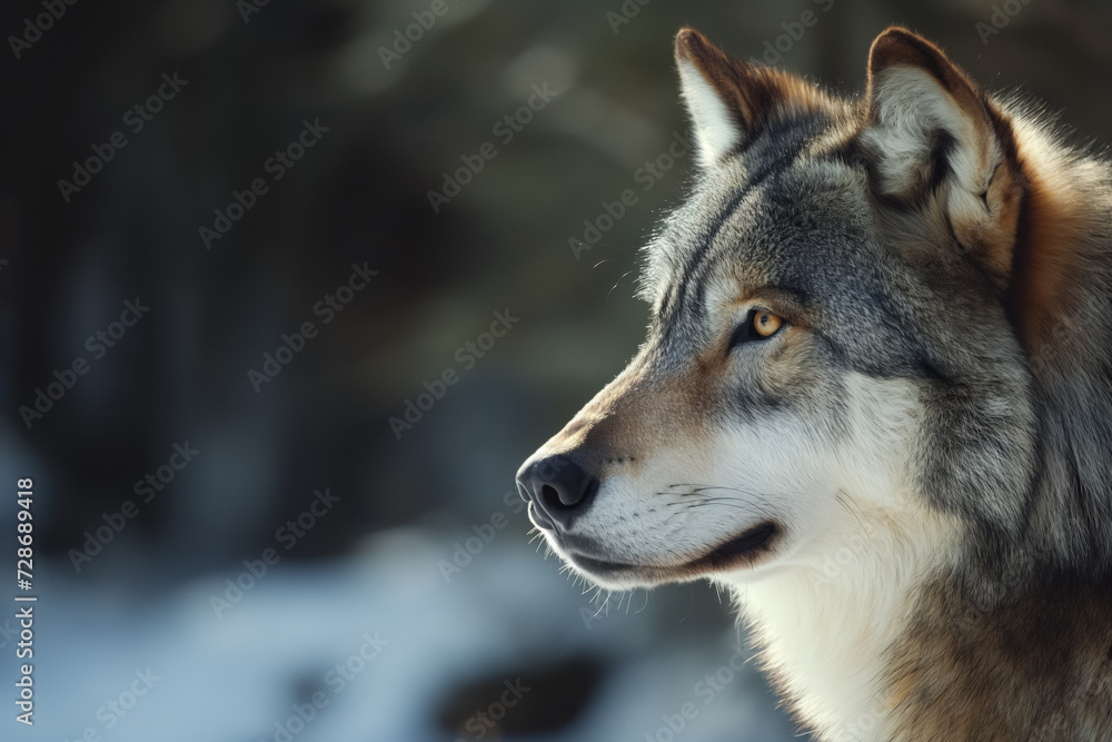 Side view of a wolf with sharp eyes and a calm expression, with a snowy background.