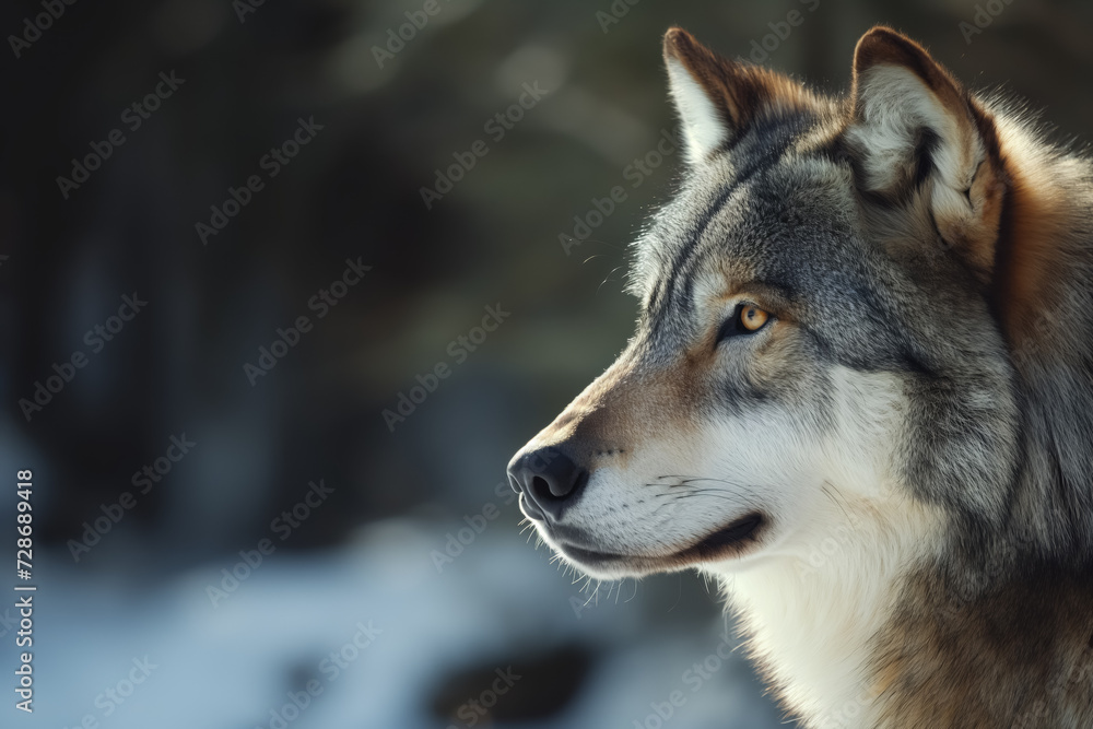 Side view of a wolf with sharp eyes and a calm expression, with a snowy background. Side view of a wolf with sharp eyes and a calm expression, with a snowy background.