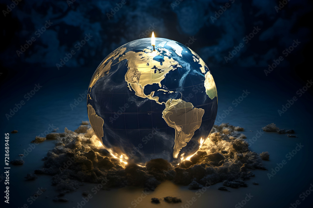 Obraz premium Glowing globe with a candle on top in the dark.