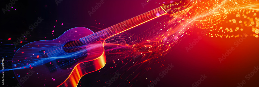 Guitar with vibrant strings in a fiery abstract explosion. - obrazy, fototapety, plakaty 