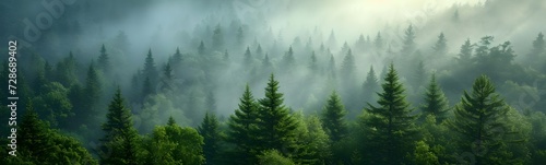 Misty foggy covering a fir forest, Pine tree Forest panorama view.