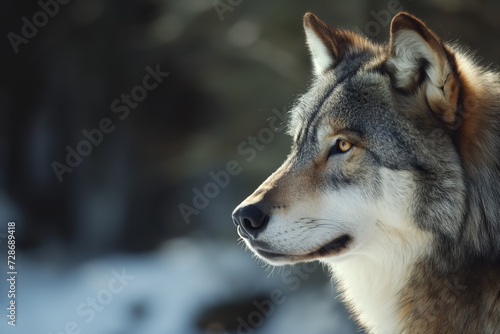 Side view of a wolf with sharp eyes and a calm expression  with a snowy background.