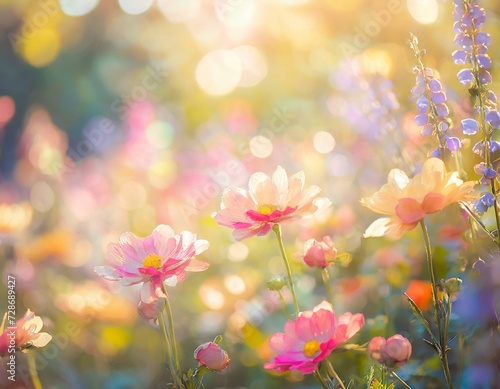 Pale bright pastel background with beautiful colorful springtime meadow flowers. 