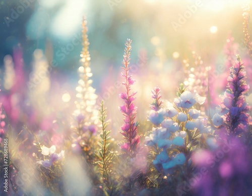 Pale bright pastel background with beautiful colorful lavender meadow flowers. 
