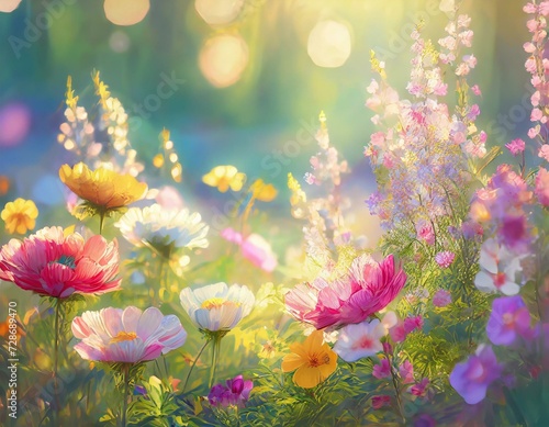 Pale bright pastel background with beautiful colorful springtime meadow flowers. 