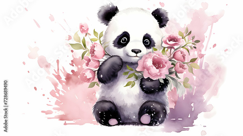 Fototapeta Naklejka Na Ścianę i Meble -  Cute baby panda with flowers in a pink watercolor setting.