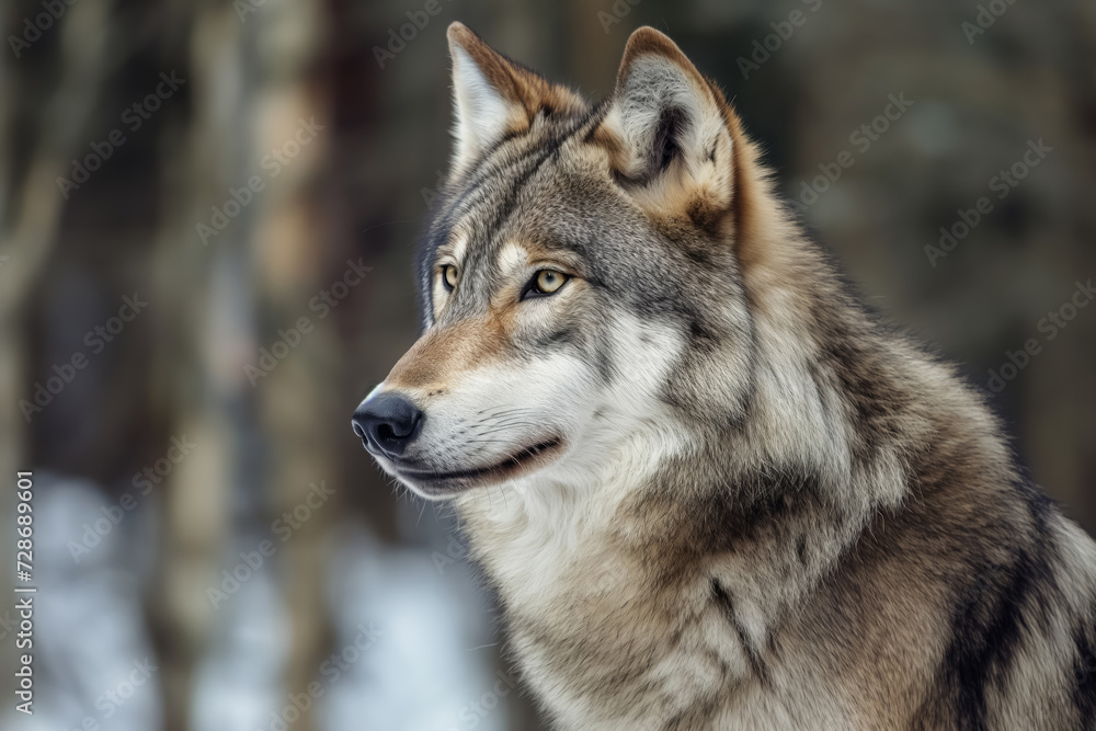A contemplative wolf with a soft gaze, set against a wintry forest backdrop. A contemplative wolf with a soft gaze, set against a wintry forest backdrop.