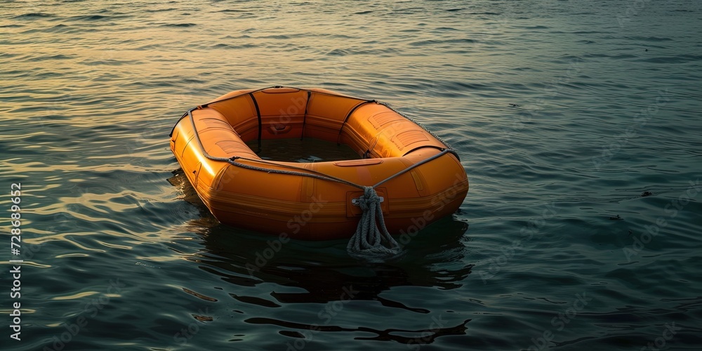 Orange life raft inflatable on the ocean surface ready to save lives