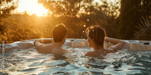 Couple  man and woman  relaxing in a hot tub for romantic spa day