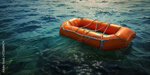 Orange life raft inflatable on the ocean surface ready to save lives