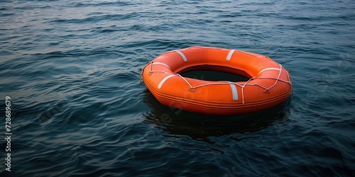 Orange life raft inflatable on the ocean surface ready to save lives