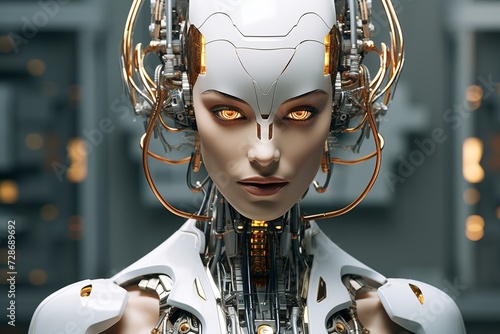 A closeup of a sophisticated woman female robot macjine with golden eyes and intricate headgear. Futuristic technology concept