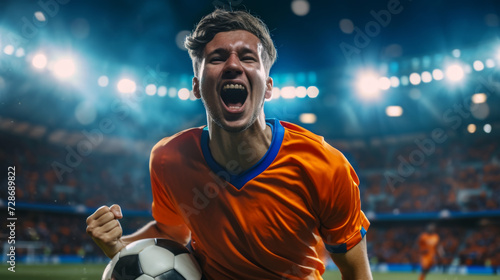 excited soccer player in an orange jersey is holding a soccer ball, celebrating with a stadium in the background photo